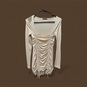 SHEIN Cream Ruched Long Sleeve Blouse